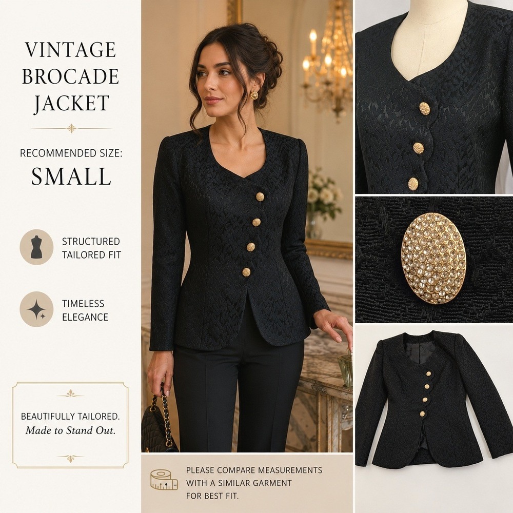 Vintage‎ Blazer Women S Blue Black Jacquard Tailored 80s Glam Evening Scalloped